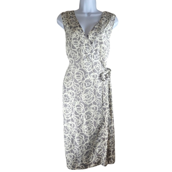 Garnet Hill gray white silk wrap sheath dress Womens 14 - Picture 3 of 10